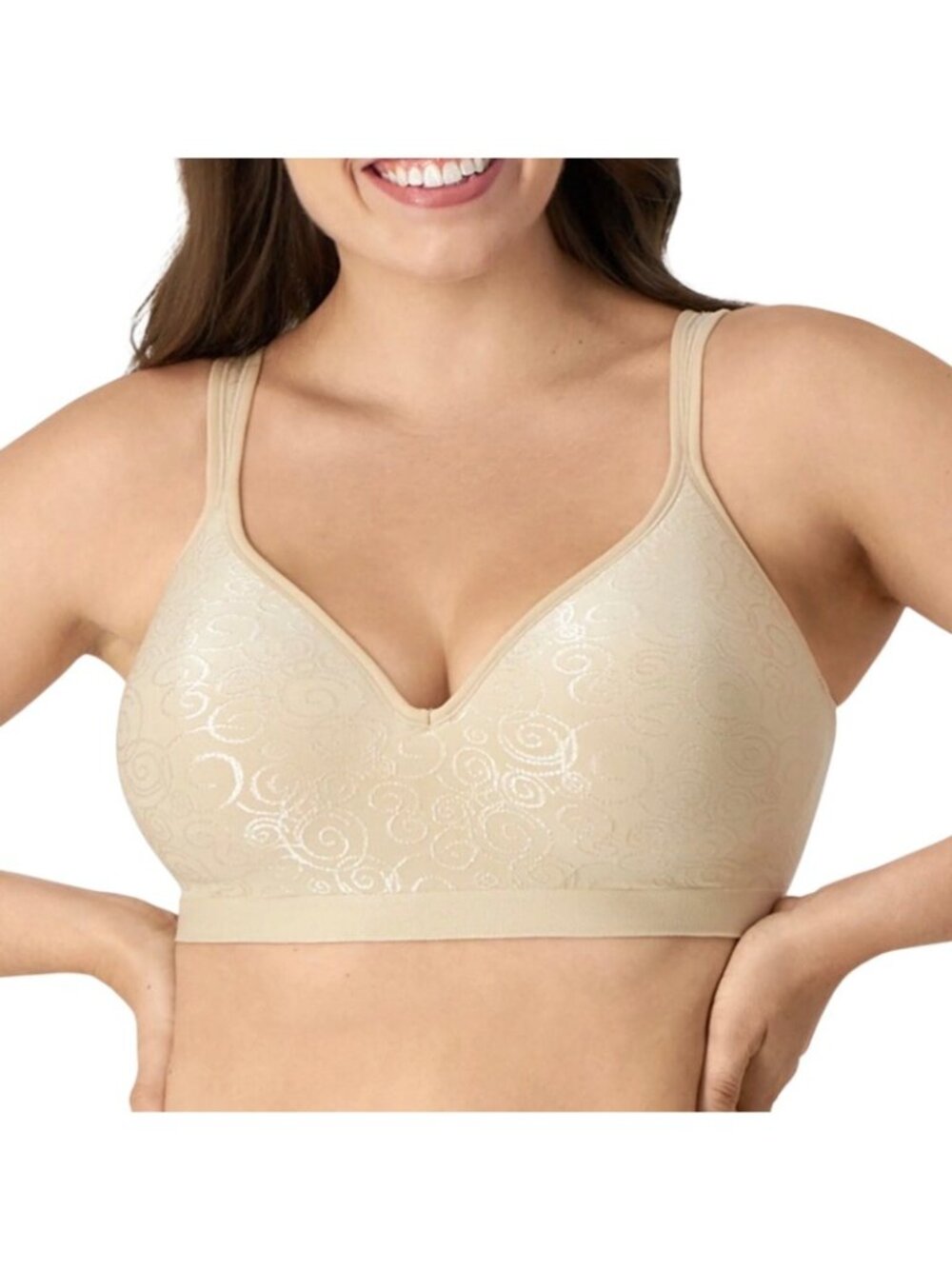 Bali Comfort Revolution Wireless Beige Bra 42DD Soft Stretch Satin Swirl Pattern